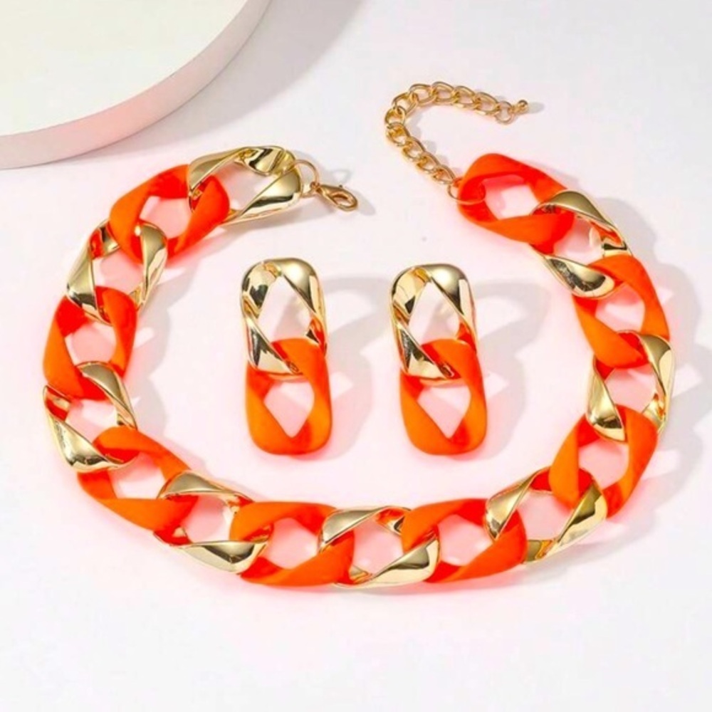 Y2K Neon Orange Gold Cuban Chunky Link Acrylic Statement Necklace & Earrings Set